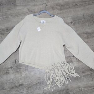 Fringe Hem Sweater Women’s Size L Cream Cotton Blend Boho Western Indie Festival